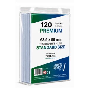 Fundas Premium MDLab Standard 120U - Lateral Fundas Premium MDLab Standard 120 unidades 100 micras 63,5x88mm - vista lateral del paquete