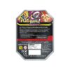 Reverso de la Lata Mega Forces 2026 con el contenido: 1 carta promocional, 4 sobres y 1 código Pokémon TCG Live