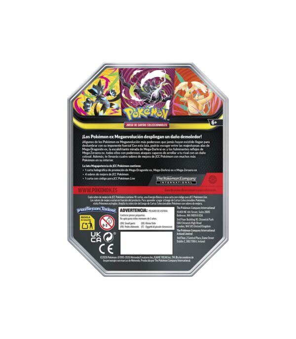 Reverso de la Lata Mega Forces 2026 con el contenido: 1 carta promocional, 4 sobres y 1 código Pokémon TCG Live